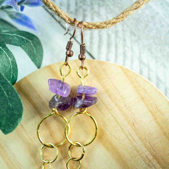 Amethyst Chip Earrings with 14k Gold Dangle Chain and Gold Hoop Drop - Picture 10 of 15